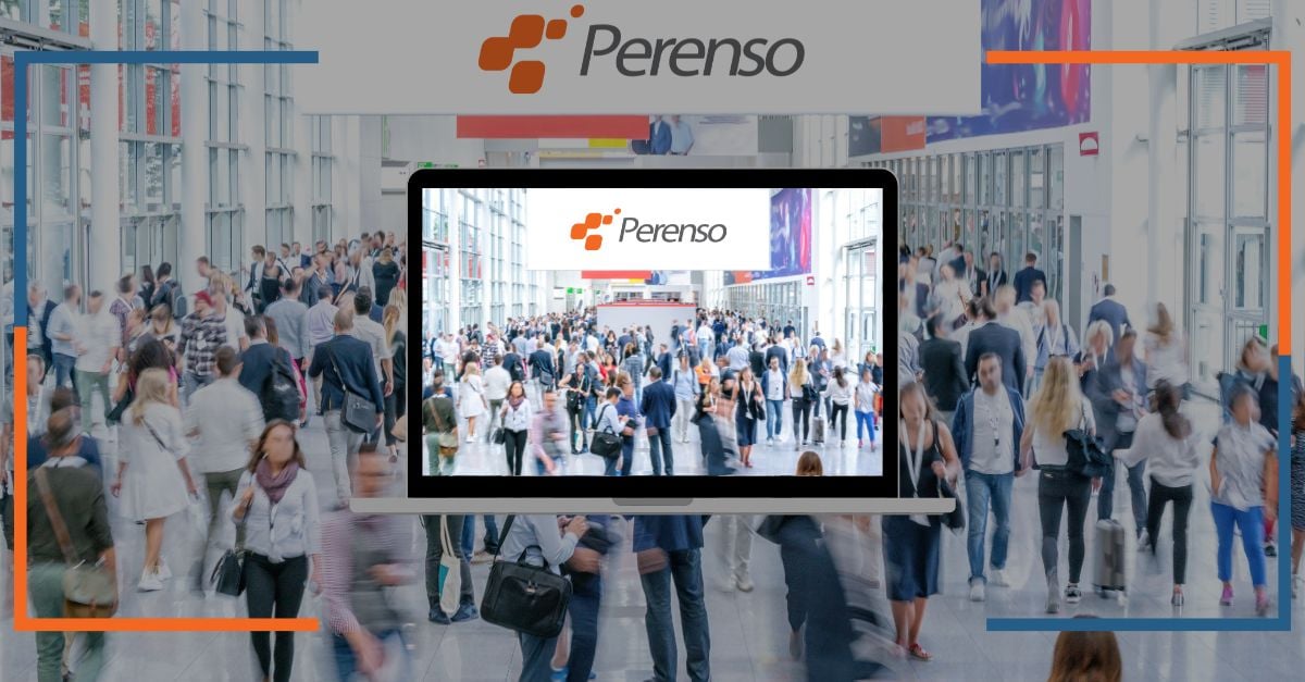 An open laptop with an image of a busy conference hall and the same image displayed in the background