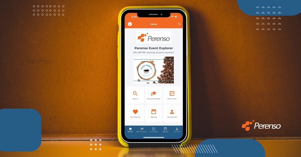 A mobile phone with the screen displaying a home page of Perenso's event app for trade shows.