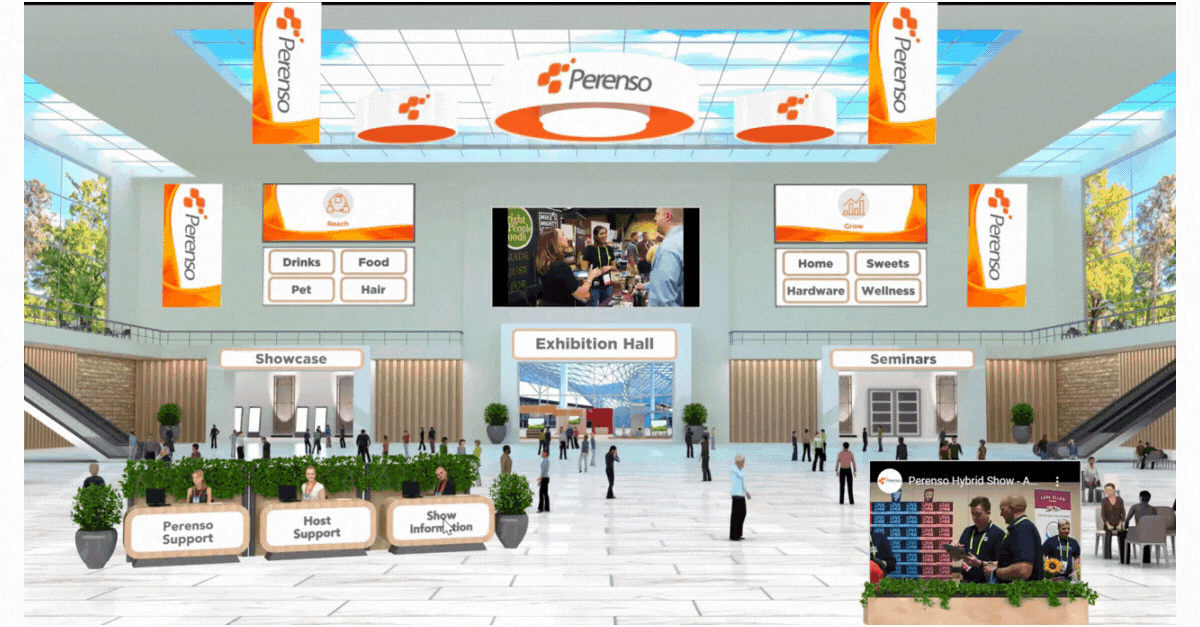 GIF that switches from lobby page to the showcase page of Perenso's virtual trade show platform